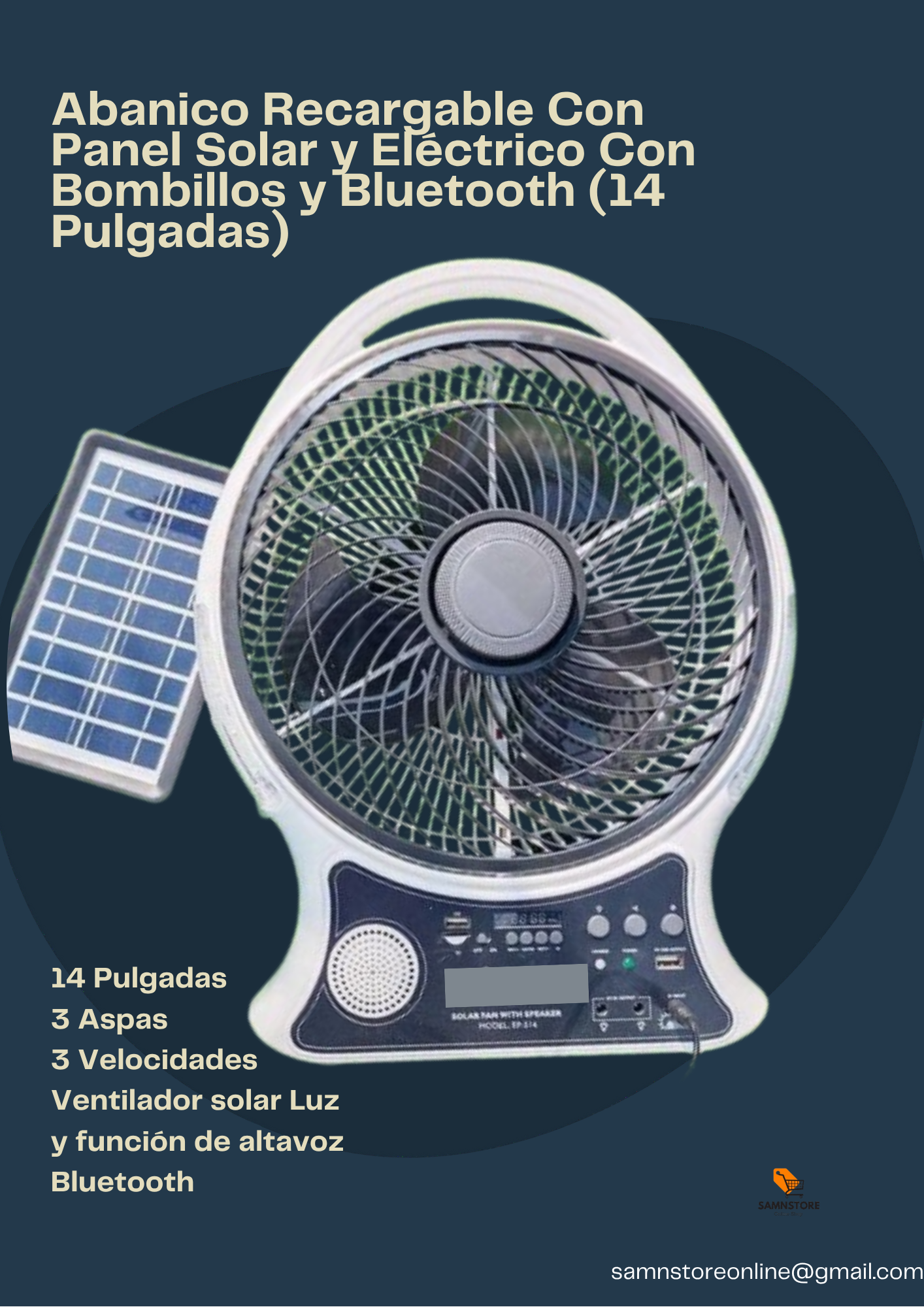 Abanico Recargable Con Panel Solar y Eléctrico Con Bombillos y Bluetooth (14 Pulgadas)