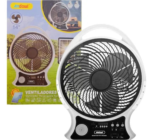 Abanico Recargable Con Panel Solar y Eléctrico Con Bombillos y Bluetooth (14 Pulgadas)