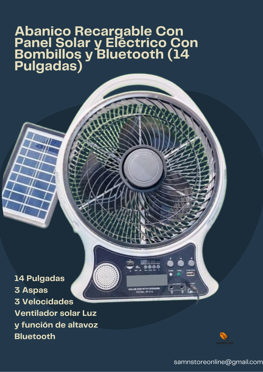 Abanico Recargable Con Panel Solar y Eléctrico Con Bombillos y Bluetooth (14 Pulgadas)