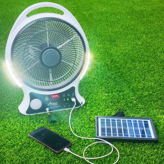 Abanico Recargable Con Panel Solar y Eléctrico Con Bombillos y Bluetooth (14 Pulgadas)